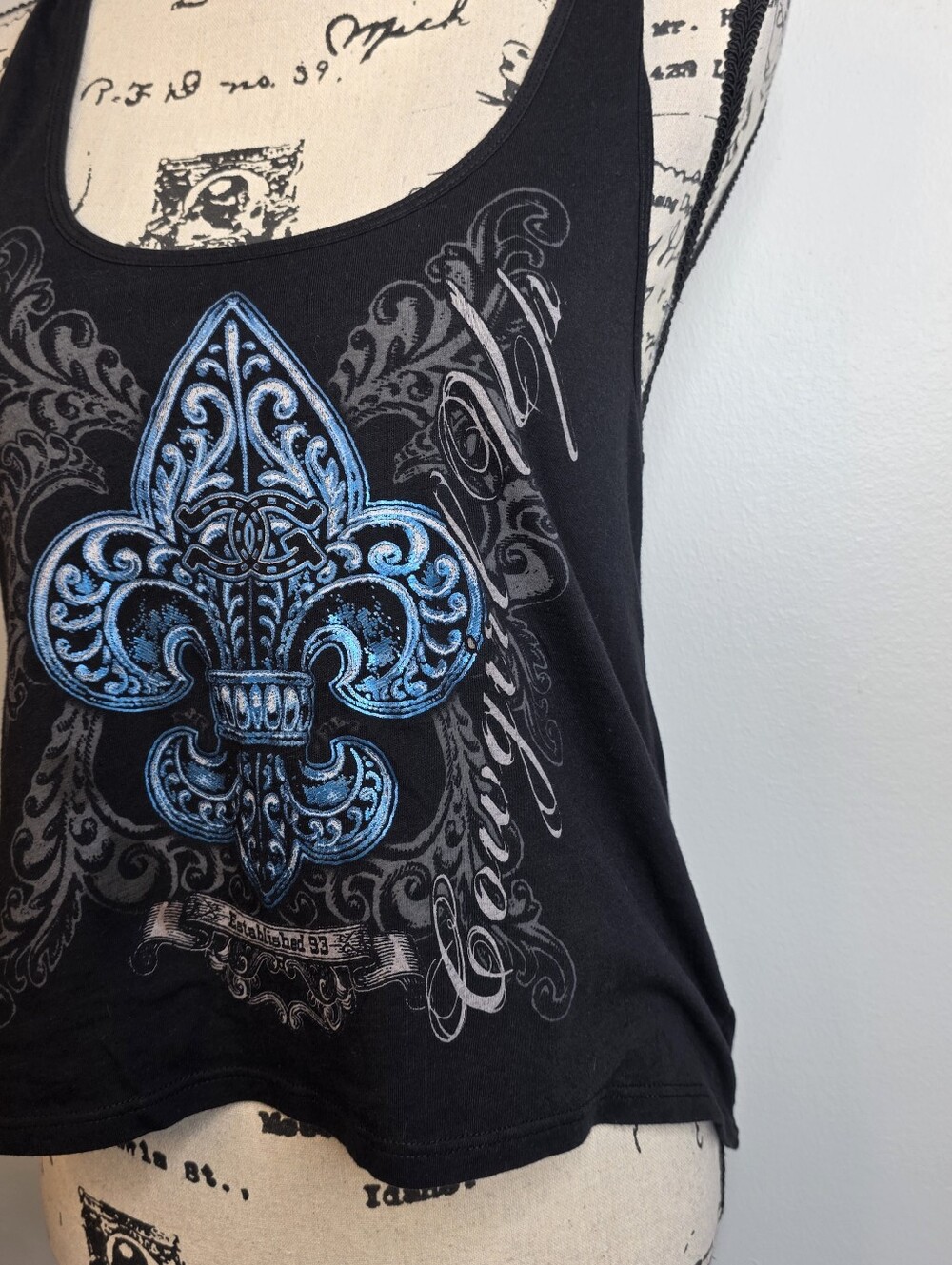 Y2k Cowgirl Up Women’s Black Tank Top with Blue Fleur-de-Lis Graphic Sz M - Picture 2 of 4